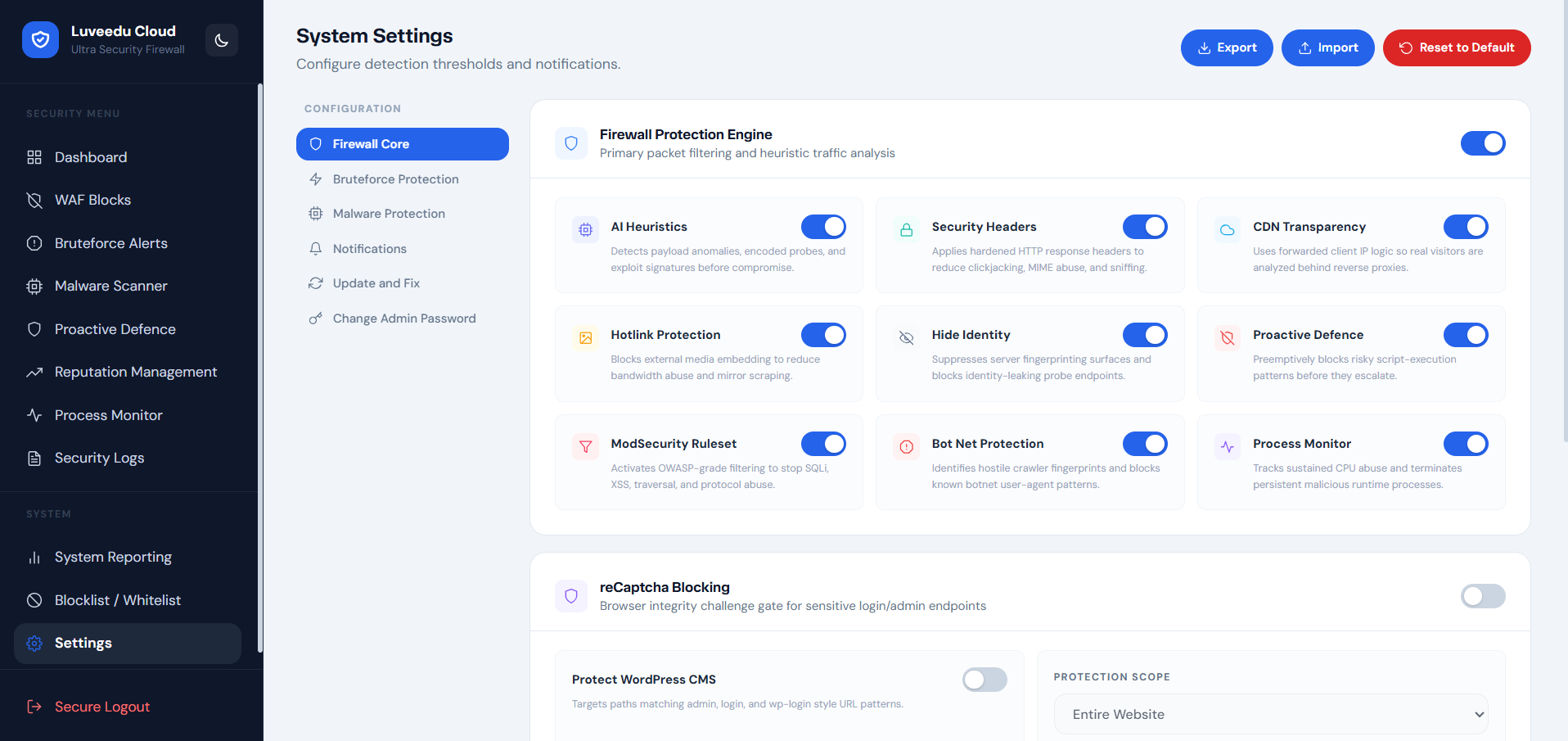 Settings — Firewall Core